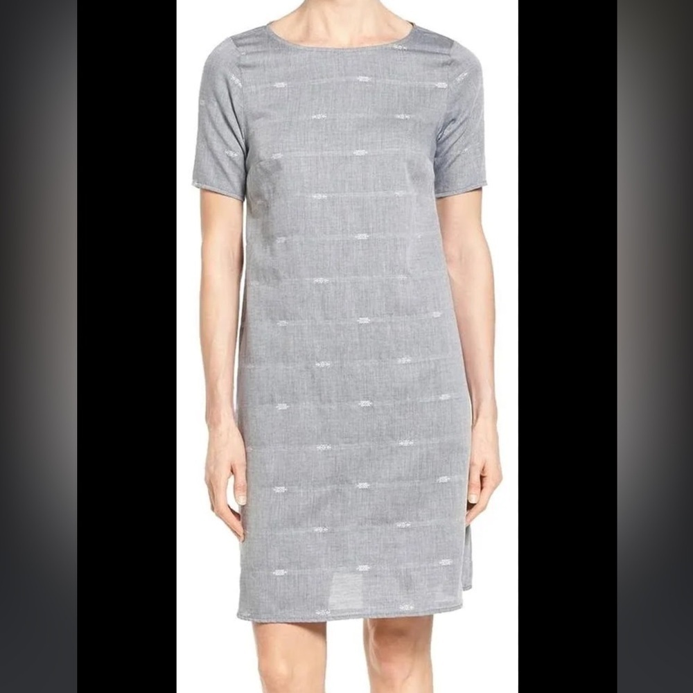 EILEEN FISHER Denim Blue Cotton Nomadic Stripe A-Line‎ Boat Neck Dress